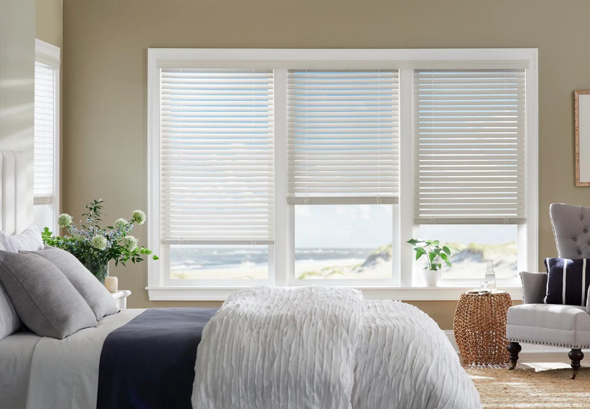 Beachside Bliss with White Faux Wood Blinds
